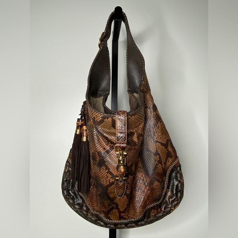 Gucci Brown & Black Python-Effect Hobo Shoulder Bag with Tassel Accent - Picture 2 of 10